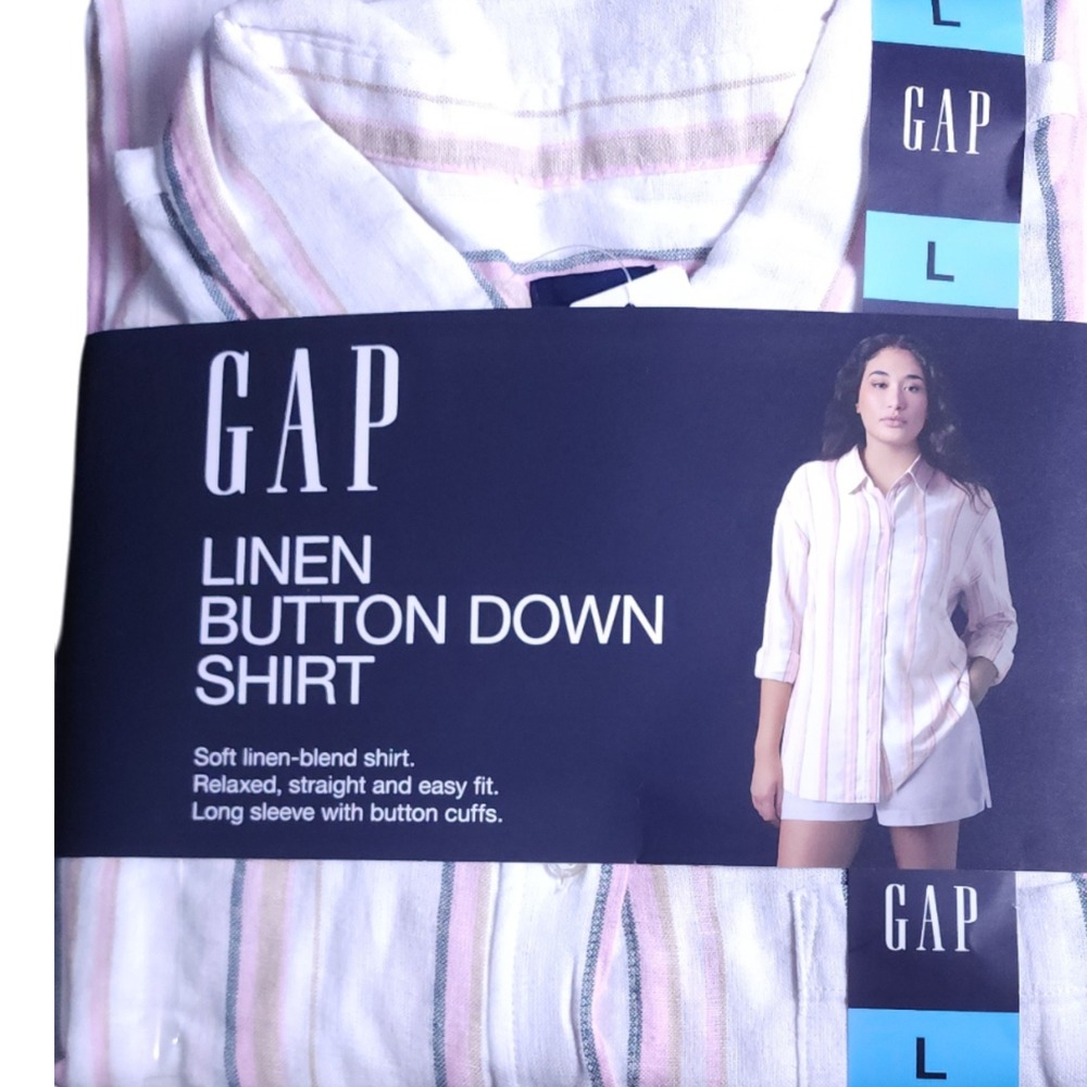 NEW GAP Women's L Linen Blend Striped Button Down Casual Coastal Easy Shirt